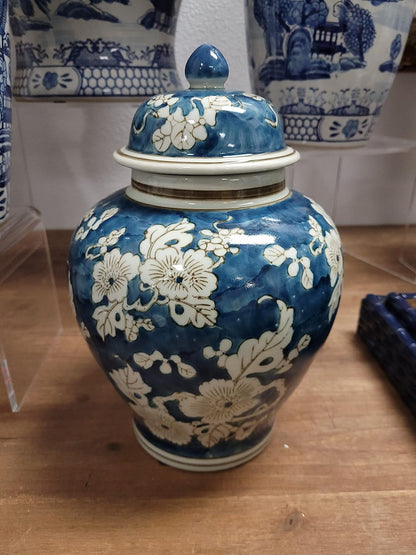 Blue and White Flower Chinoiserie Ginger Jar 12" W/Lid Ginger Jar, Tea Storage Decorative Home Decor Jar7