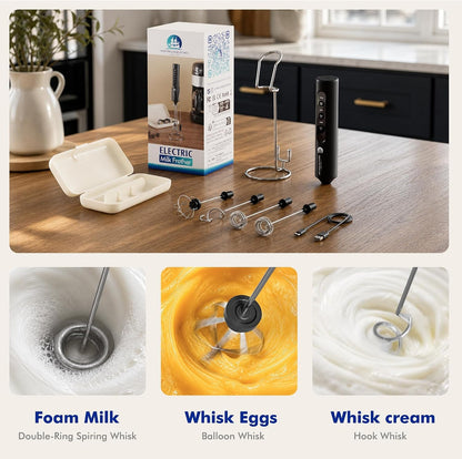 Rechargeable Milk Frother with Stand, 4 Interchangeable Whisks & Travel Case – Handheld Mixer for Lattes, Matcha, Hot Chocolate, Eggs & Protein Shakes4