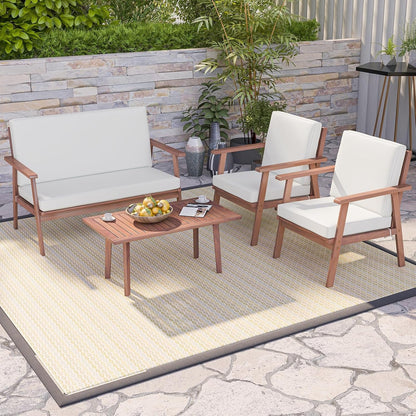 4 Piece Outdoor Conversation Set, Acacia Wood Sofa Set with Soft Seat & Back Cushions, Rectangle Coffee Table Patio Wood Furniture Set for Backyard, Poolside, Garden (1, off White)3