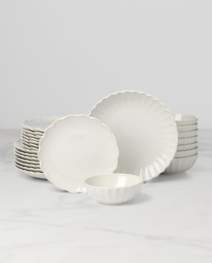 French Perle Scallop White Stoneware 24-Piece Dinnerware Set for 82