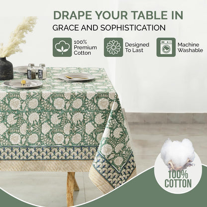 Indian Handblock Print Floral Cotton Table Cloth|Rectangle 60X90 Inch 6-Seater Kitchen Dining Table Cloth|Mother'S Day St.Patrick Wedding Holiday Party Decorative Table Cover|Moss Green6