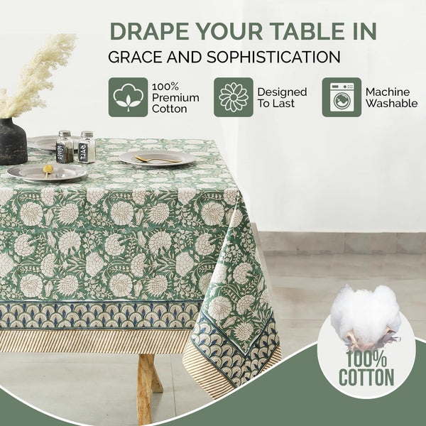 Indian Handblock Print Floral Cotton Table Cloth|Rectangle 60X90 Inch 6-Seater Kitchen Dining Table Cloth|Mother'S Day St.Patrick Wedding Holiday Party Decorative Table Cover|Moss Green6