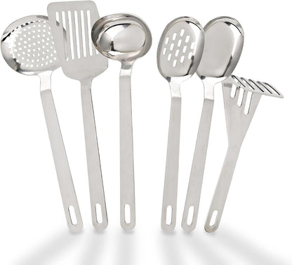 Kitchen Utensils Set Stainless Steel – 6-Piece Stainless Steel Cooking Utensils – Potato Masher, Skimmer Fork, Solid Spoon, Slotted Turner, Perforated Spoon, Gravy Ladle1