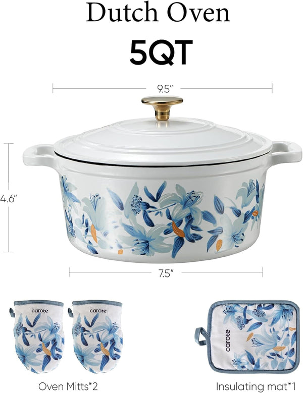 5QT Enameled Floral Cast Iron Dutch Oven Pot with Lid | Sourdough Bread Baking with Cotton Potholders & Oven Gloves, Gift Box, Cookware for Braising, Oven Safe up to 500° F2