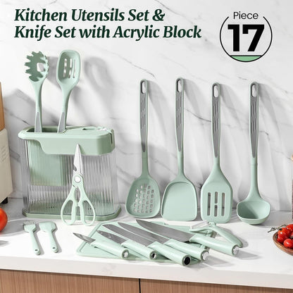Kitchen Utensils Set and Knife Set with Acrylic Block, 17 Pieces Silicone Utensils Set for Cooking, Stainless Steel Knife Set with Built-In Sharpener, Scissors Spatula Turner (Green)2