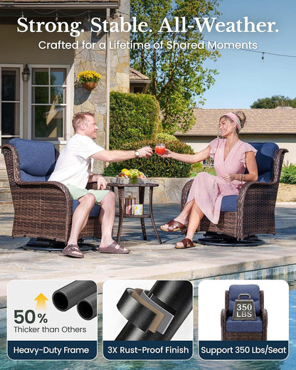 5-Piece Luxury Patio Furniture Set with 6" Thick Cushions, Weather-Resistant Wicker High Back Swivel Rocker Chairs, Senior-Friendly Conversation Set for Small Porch, Deck and Sunroom, Blue(V2)6