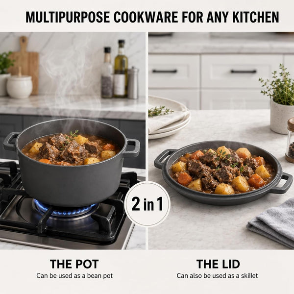 Cast Iron 5 Quart Double Dutch Oven-2-In-1 Pre-Seasoned Pot & Skillet Combo | Pre-Seasoned, No Chemical Coatings. 5Qt Cast Iron Pot + Skillet Lid. Even Heat, Great for Bread Baking. Indoor/Outdoor Use.5