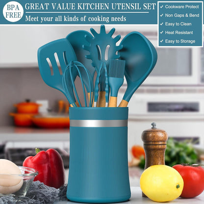 33 PCS Silicone Kitchen Utensils Set,  Heat Resistant Cooking Utensils Set with Holder, Wooden Handle Kitchen Gadgets Tools Spatula for Nonstick Cookware7