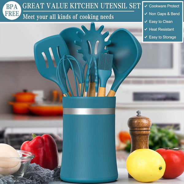 33 PCS Silicone Kitchen Utensils Set,  Heat Resistant Cooking Utensils Set with Holder, Wooden Handle Kitchen Gadgets Tools Spatula for Nonstick Cookware7