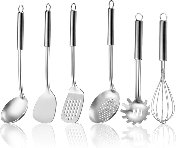 6-Piece Kitchen Cooking Utensils Set, Stainless Steel Kitchen Utensils with Suspendable Handle, Spatula, Slotted Turner, Soup Ladle, Slotted Spoon, Whisk, Pasta Server, Dishwasher Safe1