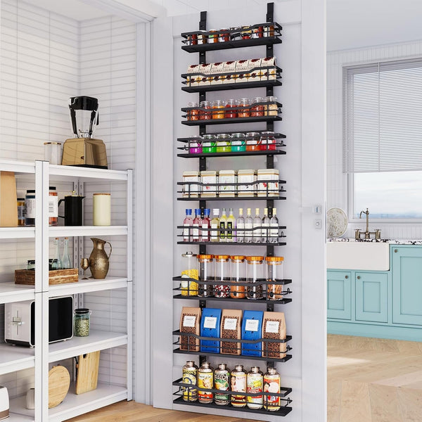 over the Door Pantry Organizer，9-Tier over the Door Organizer with Adjustable Basket，Metal Hanging Pantry Organizers and Storage for Kitchen, Back of Door Seasoning Rack (Black)1