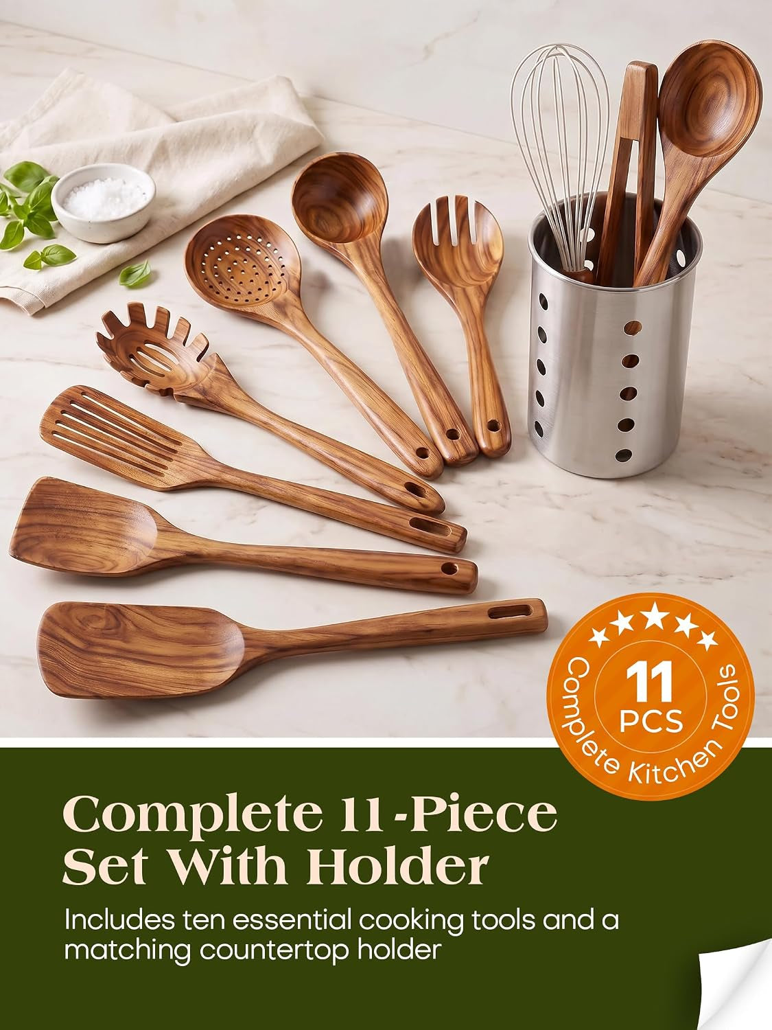 11-piece-natural-teak-wood-kitchen-utensil-set-with-holder-wooden-spoons-and-cooking-utensils-for-nonstick-cookware-includes-spatulas-ladle-and-whisk
