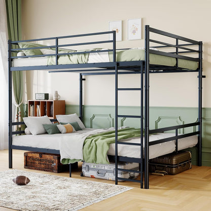 Queen over Queen Metal Bunk Bed with Ladder and High Guardrails, Convertible into 2 Queen Beds,770 Lbs Bottom & 550 Lbs Top Capacity, Heavy-Duty Slat Support, No Box Spring Needed1