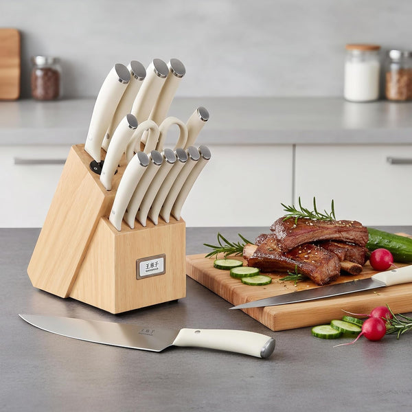 15‑Pcs Knife Block Set, High Carbon Steel, Natural | Built‑In Sharpener, Dishwasher‑Safe Knives, Full‑Tang Single‑Rivet, Varnished Hardwood Block for Improved Moisture Resistance5