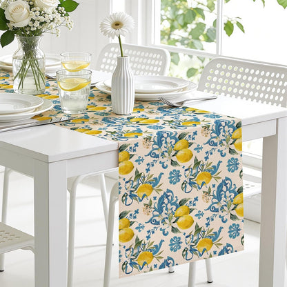 Yellow Lemon Blue Floral Table Runner, 13X72 Inch2