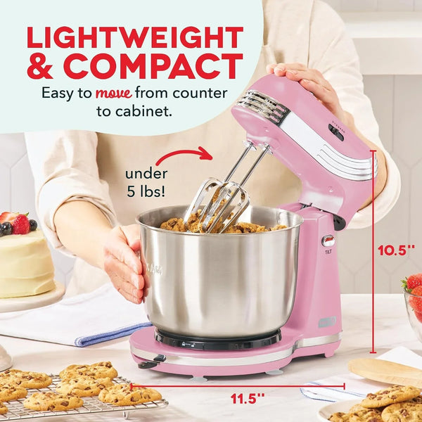 Everyday Stand Mixer - Compact Tilt-Head Stand Mixer for Everyday Recipes - 6-Speed Power with Stainless Steel Bowl - Pink, 3-Quart2