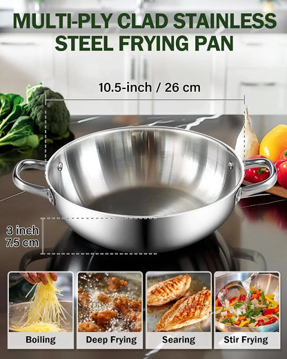 Tri-Ply Clad 12-Inch Stainless Steel Wok Pan with Lid, Flat Bottom Wok Stir Fry Pan, Dishwasher and Oven-Safe, Compatible with All Cooktops2