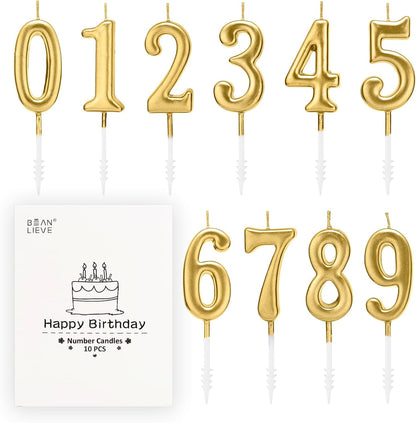Beanlieve 10-Pieces Numeral Birthday Candles - Cake Numeric Candles Number 0 1 2 3 4 5 6 7 8 9,Used for Cake Decoration on Birthday Parties and Wedding Anniversary Celebrations(Champagne Gold)1
