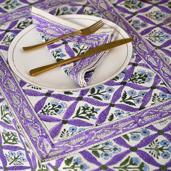 Hand Block Printed Tablecloth, Colorful Floral Print, Indian Artisan Handmade Art, Dining Room, Kitchen, Outdoor Party Decor, 100% Cotton, (Royal Purple Flora, 8 Seater 72 X 108 Inches Rectangle)6