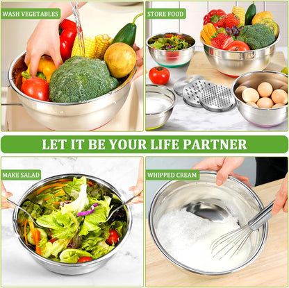 Mixing Bowls with Lids Set,10Pcs Stainless Steel Mixing Bowls with Graters and Egg Whisk &Non-Slip Bottoms Food Prep Nesting Bowls for Baking, Cooking, Meal Storage(1.2Qt-5.5Qt)6