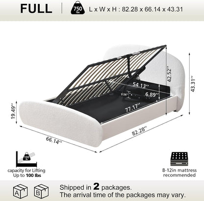 Full Side-Lift Storage Bed Frame, Upholstered Platform Bed with Curved Silhouette Headboard & Footboard, Bouclé Texture, Removable Headboard Cover, No Box Spring Needed, Cream White2