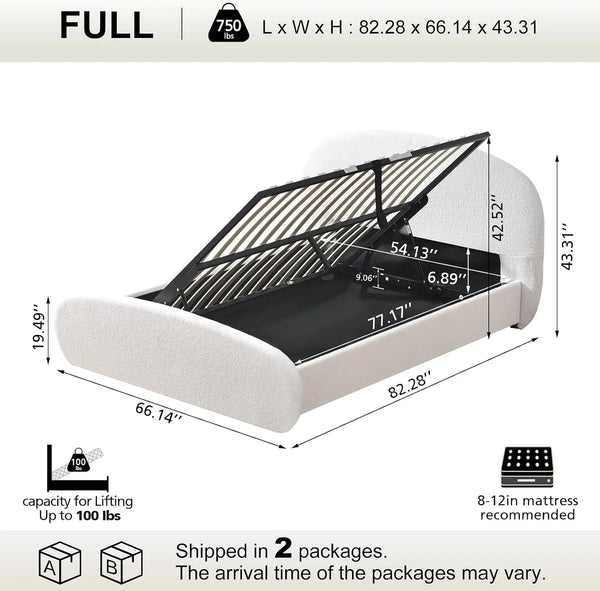 Full Side-Lift Storage Bed Frame, Upholstered Platform Bed with Curved Silhouette Headboard & Footboard, Bouclé Texture, Removable Headboard Cover, No Box Spring Needed, Cream White2