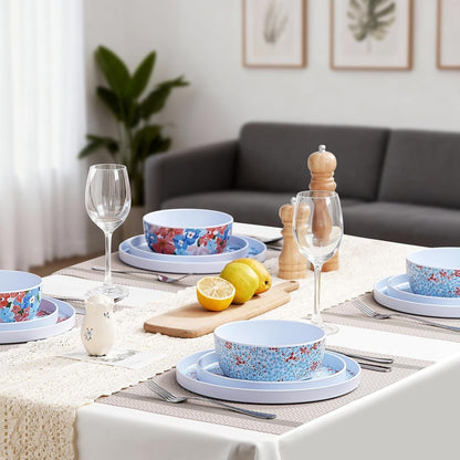 12 Pcs Melamine Dinnerware Set for 4, Floral Plates and Bowls Set4