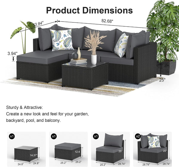 Patio Furniture Set, 5PCS Outdoor Sectional W/ Ottoman & Cushion, Grey6