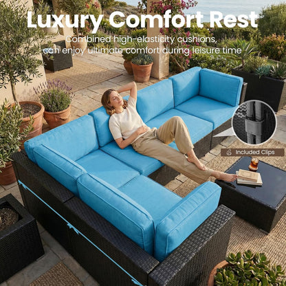 8 Pieces Patio Furniture Set with 44" Propane Gas Fire Pit Table, Outdoor Sectional Wicker Conversation Sofa Sets with Coffee Table4