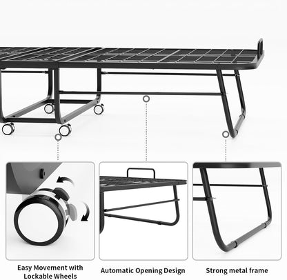 Folding Bed with Mattress, Foldable Roll Away Bed for Adults - 75''X46'', Portable Fold up Guest Beds with 5 Inch Mattress Include Memory Foam, Space Saving Extra Beds Metal Frame5
