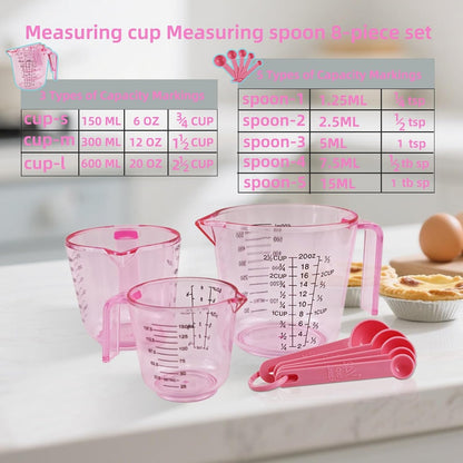 Pink Plastic Measuring Cup Measuring Spoon Set: 3 Stackable Liquid Measuring Cups 150/300/600Ml and 5 Spoons 1.25-15Ml, Used to Create Pink Kitchen Themes, Baking, Cooking2