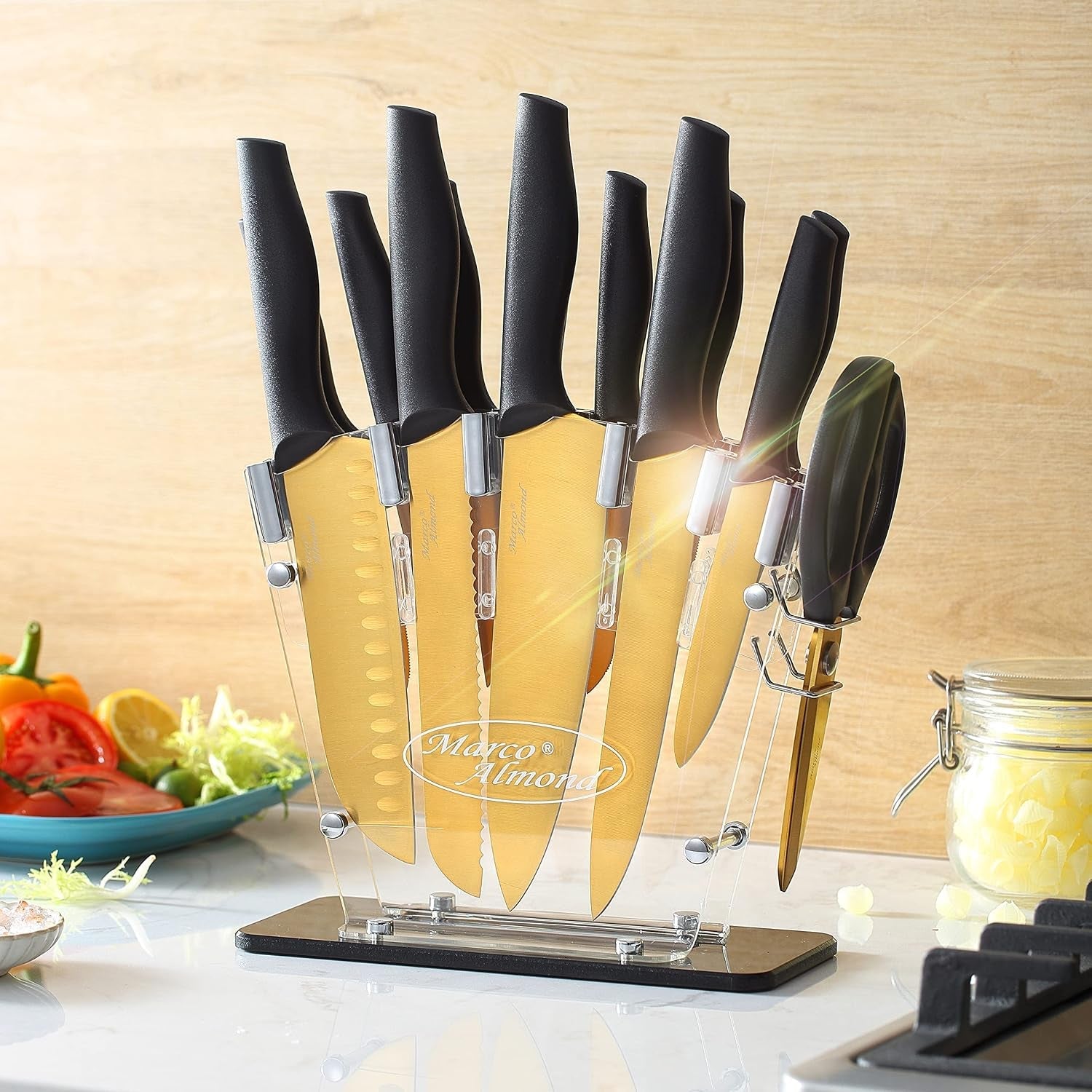 ®-gold-knife-set-with-block-kya23-14-pieces-stainless-steel-chef-cutlery-knives-set-for-kitchen-with-acrylic-stand-gold-color-stainless-steel-knives-set-w-acrylic-stand-razor-sharp-non-stick-anti-rust-ergonomic-handle-full-tang-gift-box