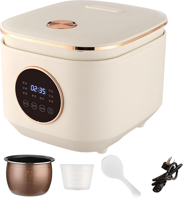 2L Smart Rice Cooker, Low Carb Rice Cooker for Small Homes, Timer, Keep Warm, Non-Stick, 6 People, White with Gold Trim1