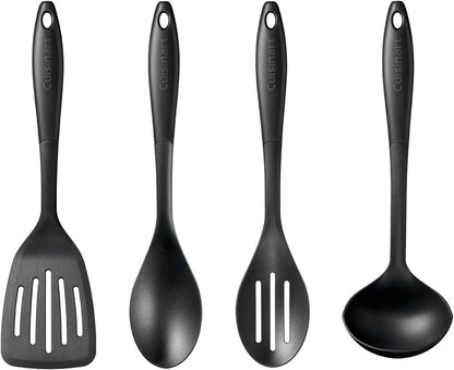 Nylon Kitchen Tool Set, 4-Piece Black – Slotted Turner, Solid Spoon, Slotted Spoon & Ladle, Nonstick-Safe, Heat Resistant to 400F, Dishwasher Safe1
