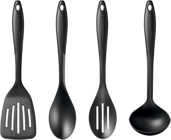 Nylon Kitchen Tool Set, 4-Piece Black – Slotted Turner, Solid Spoon, Slotted Spoon & Ladle, Nonstick-Safe, Heat Resistant to 400F, Dishwasher Safe1