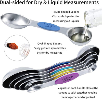 Measuring Cups and Magnetic Measuring Spoons Set, Stainless Steel Measuring Cups, 6 Double-Sided Stainless Steel Measuring Spoons & 1 Leveler (12)3