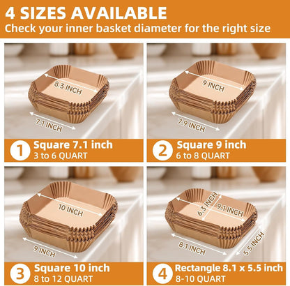 Air Fryer Paper Liners for 4 Qt / 5 Qt / 6 Qt (8.3'' on Top) | Compatible with Ninja/Chefman/Cosori/Instant Pot and Other 4Q-6Qt Airfryer, Thickened Square Disposable Liner6