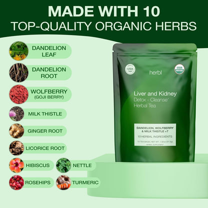 Organic Dandelion Wolfberry Tea - Kidney and Liver Detox Tea - Organic Liver Kidney Cleanse & Detox with Dandelion, Goji Berry, Milk Thistle, Turmeric, Hibiscus and Extra Herbal Ingredients2