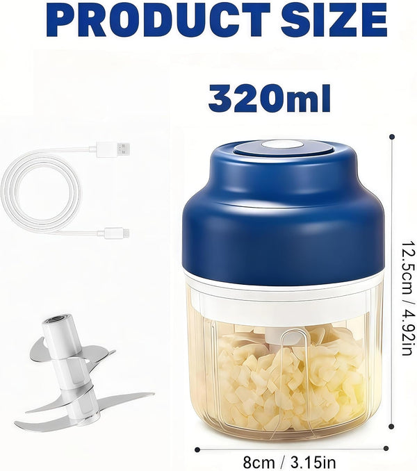 2026 Upgrade Electric Garlic Chopper Mini, 320 Ml Small Garlic Chopper Mincer with 6 Stainless Steel Blades, Portable Rechargeable Cordless Chopper for Onion,Chili,Ginger,Nuts,Meat & Fruits (Blue)2