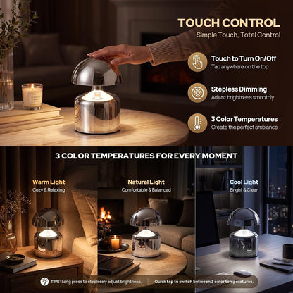 Mini Mushroom Rechargeable Table Lamp Cordless, Silver3