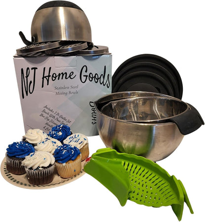 Homeware Stainless Steel Mixing Bowl with Lids Set Handles for Holidays: Gift Set for Kitchen with Pour Spout Non Slip Silicone Base on Bowls Strainer Graters for Kitchen9