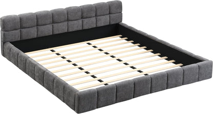 King Size Elegant Chenille Upholstered Platform Bed with Thick Headboard and Footboard, Block Style Upholstery Grounded Bed Frame, Gray7