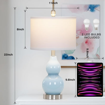 22" Double Gourd Ceramic Table Lamps Set of 2, Blue Modern Bedside Lamps for Living Room, Contemporary Nightstand Desk Lamps for Bedroom End Table Home Office Study Room Decor(2 LED Bulbs Included)2
