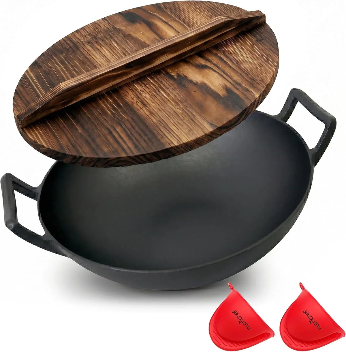 14-cast-iron-wok-with-wooden-lid-pre-seasoned-kadai-for-stir-fry-with-loop-handles-compatible-with-multiple-cooktops-including-induction-large-5-8-qt-capacity