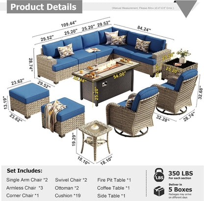 Outdoor Sectional Patio Furniture Set with Fire Pit Table,13 Pieces Wicker Conversation Sets L Shaped Couch,Extra Deep Out Door Sofa outside Furniture with Swivel Chairs Ottomans,Navy Blue9