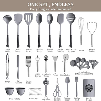 43 PCS Silicone Kitchen Utensils Set, Dishwasher Safe Kitchen Cooking Utensils Set, 446°F Spatulas Silicone Heat Resistant, Non Toxic Silicone Utensils Set with Two-Tone Grip Handles, Gray2