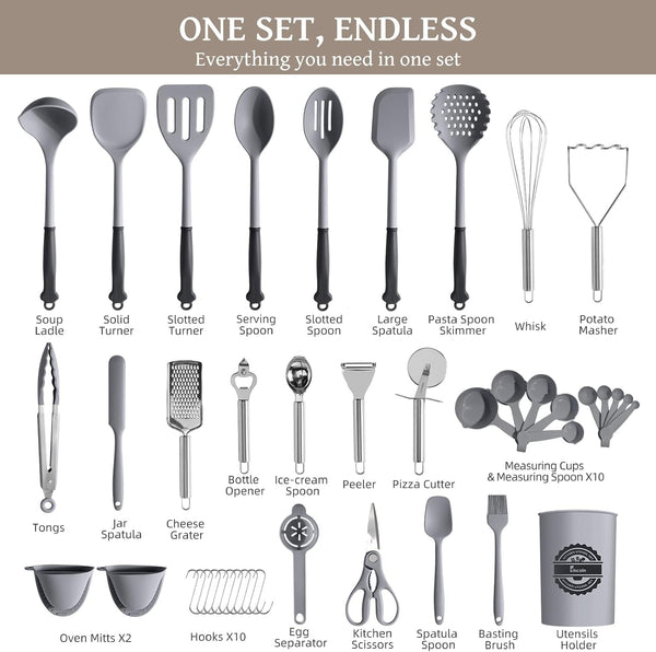 43 PCS Silicone Kitchen Utensils Set, Dishwasher Safe Kitchen Cooking Utensils Set, 446°F Spatulas Silicone Heat Resistant, Non Toxic Silicone Utensils Set with Two-Tone Grip Handles, Gray2