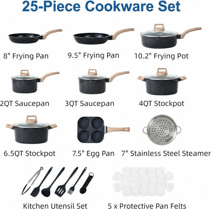 25Pcs Ceramic Cookware Set, Nonstick & Non-Toxic Healthy Pots and Pans, Heat-Resistant Handles, Induction Cookware Sets with Frying Pans, Black2