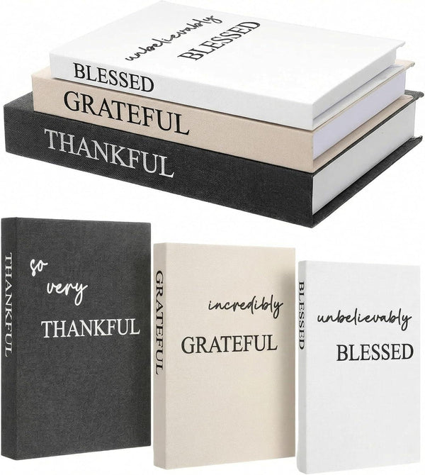 Set of 3 Thankful Grateful Blessed Decorative Books for Home Decor | Linen Faux Books, Stacked Neutral Modern Aesthetic Fake Storage Boxes, Coffee Table, Bookshelf or Mantle Display7