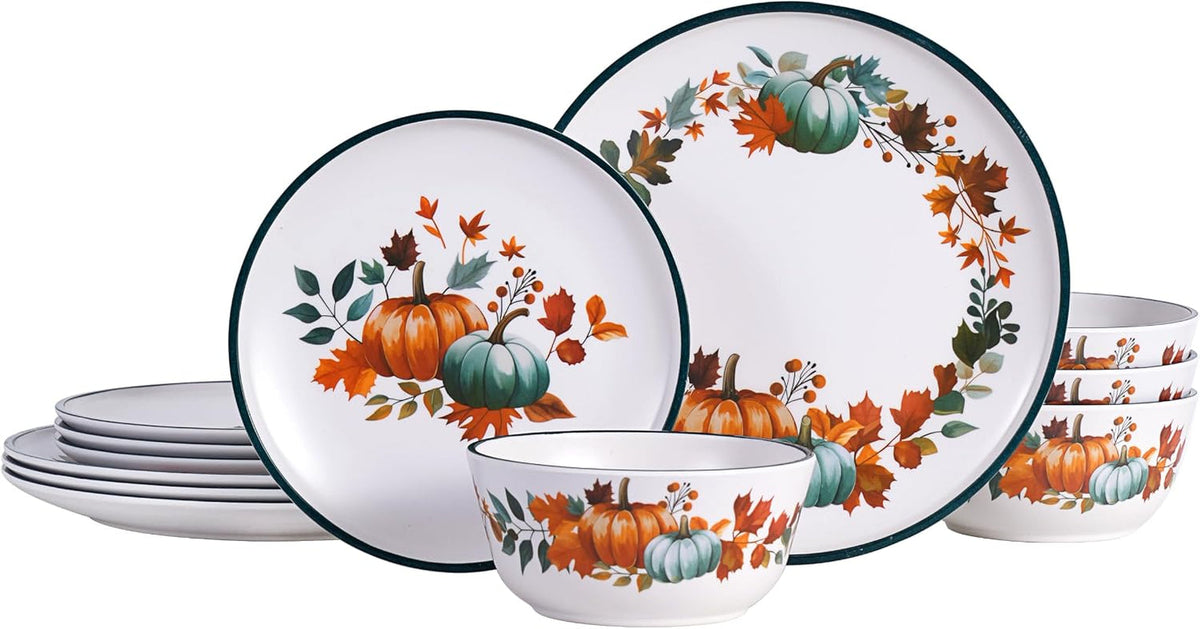 12-piece-melamine-dinnerware-set-for-4-fall-pumpkin-plates-and-bowls